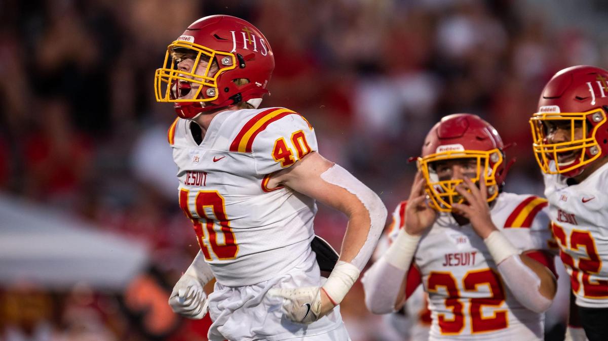 Jesuit’s Kai Wallin yells after a sack minutes into the game against Christian Brothers during the 50th Holy Bowl high school football rivalry game Saturday, Sept. 11, 2021, at Hughes Stadium in Sacramento.