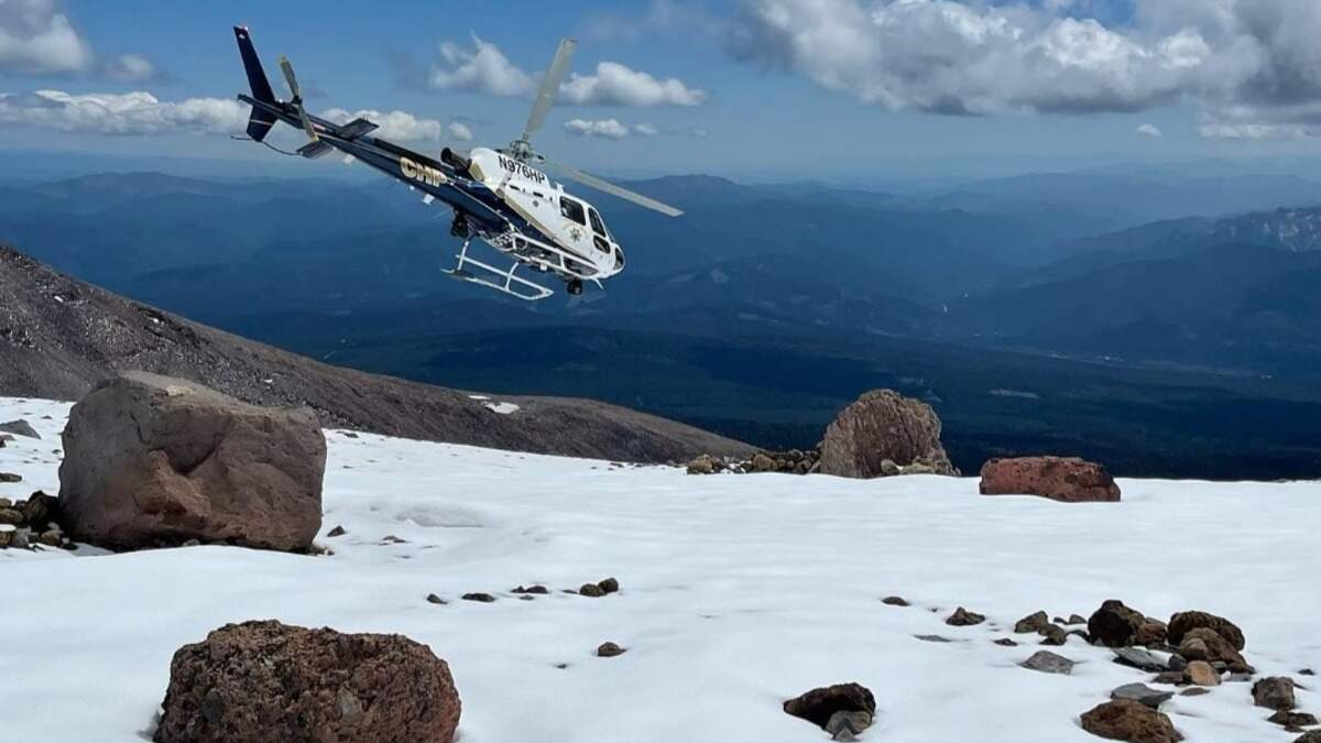 A California Highway Patrol helicopter, H-14, airlifted multiple climbers injured after falls on Mount Shasta between Monday morning, June 6, and Tuesday morning, June 7, 2022. The Siskiyou County Sheriff’s Office said two injured climbers were from Sacramento, and a climbing guide from Oregon was killed.