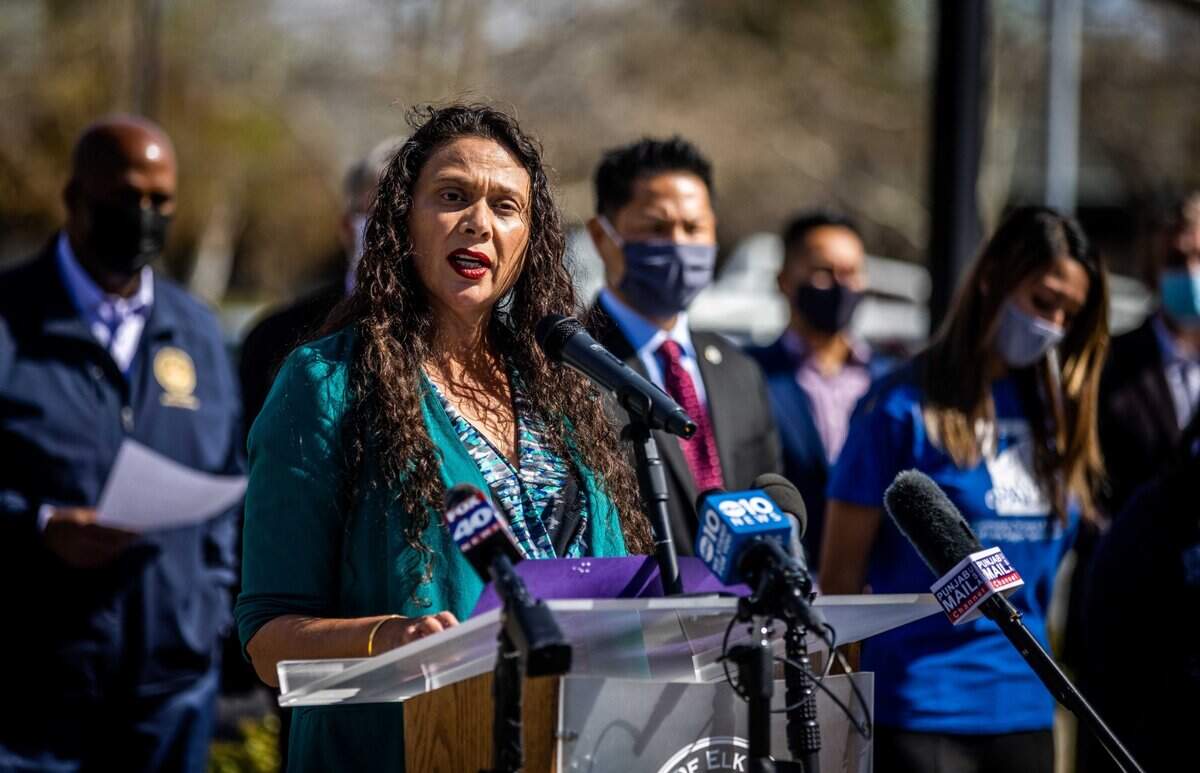 Elk Grove Mayor Bobbie Singh-Allen speaks at a news conference at Elk Grove City Hall on Wednesday, March 24, 2021.