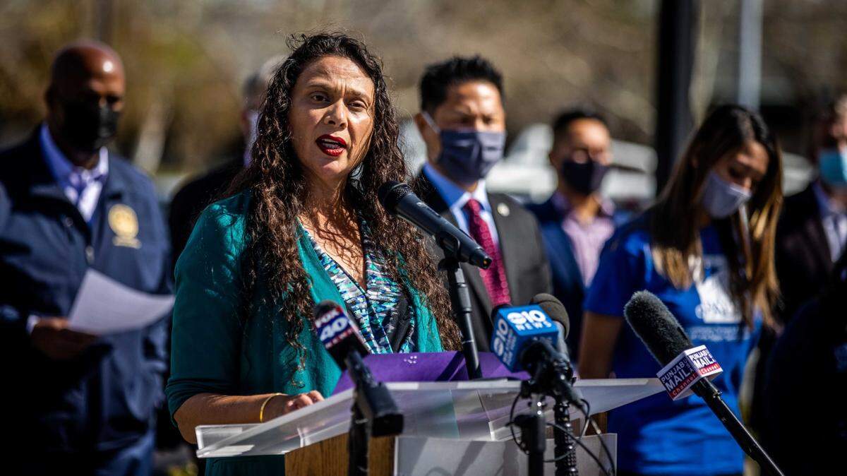Elk Grove Mayor Bobbie Singh-Allen speaks at a press conference at Elk Grove City Hall on Wednesday, March 24, 2021, condemning hate against the Asian-American Pacific Islander community and outlining plans to increase public safety.