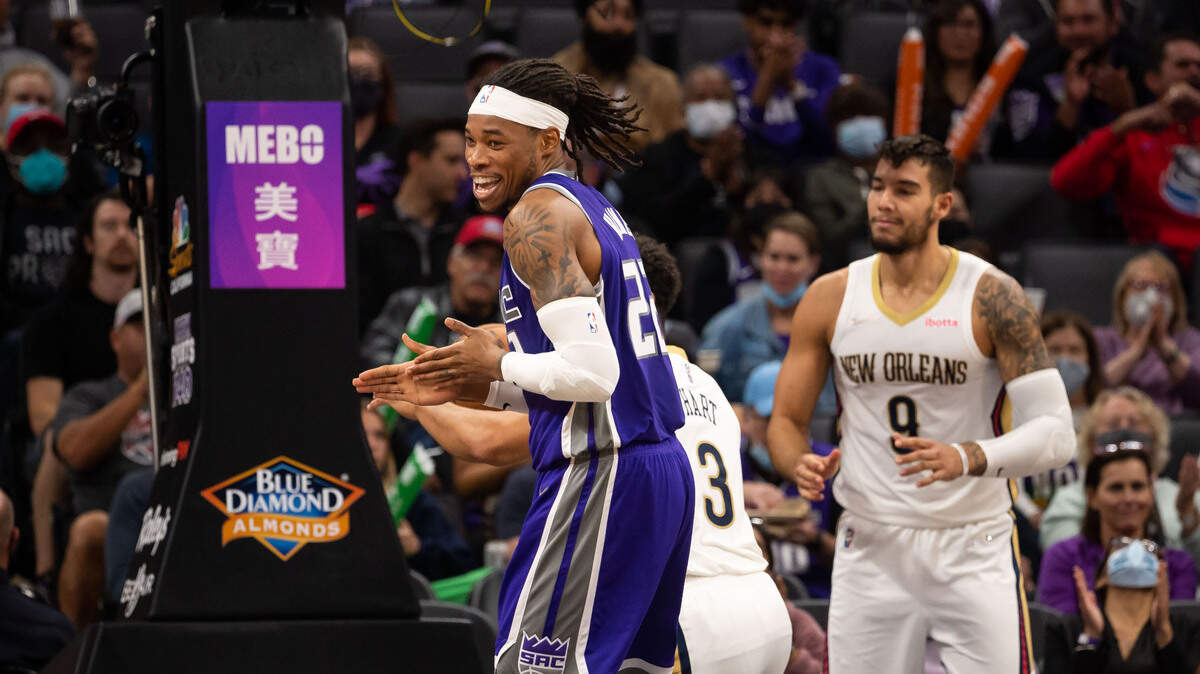 Sacramento Kings center Richaun Holmes (22)celebrates a score against he New Orleans Pelicans during the second period of the NBA basketball game Wednesday, Nov. 3, 2021, at Golden 1 Center in Sacramento.