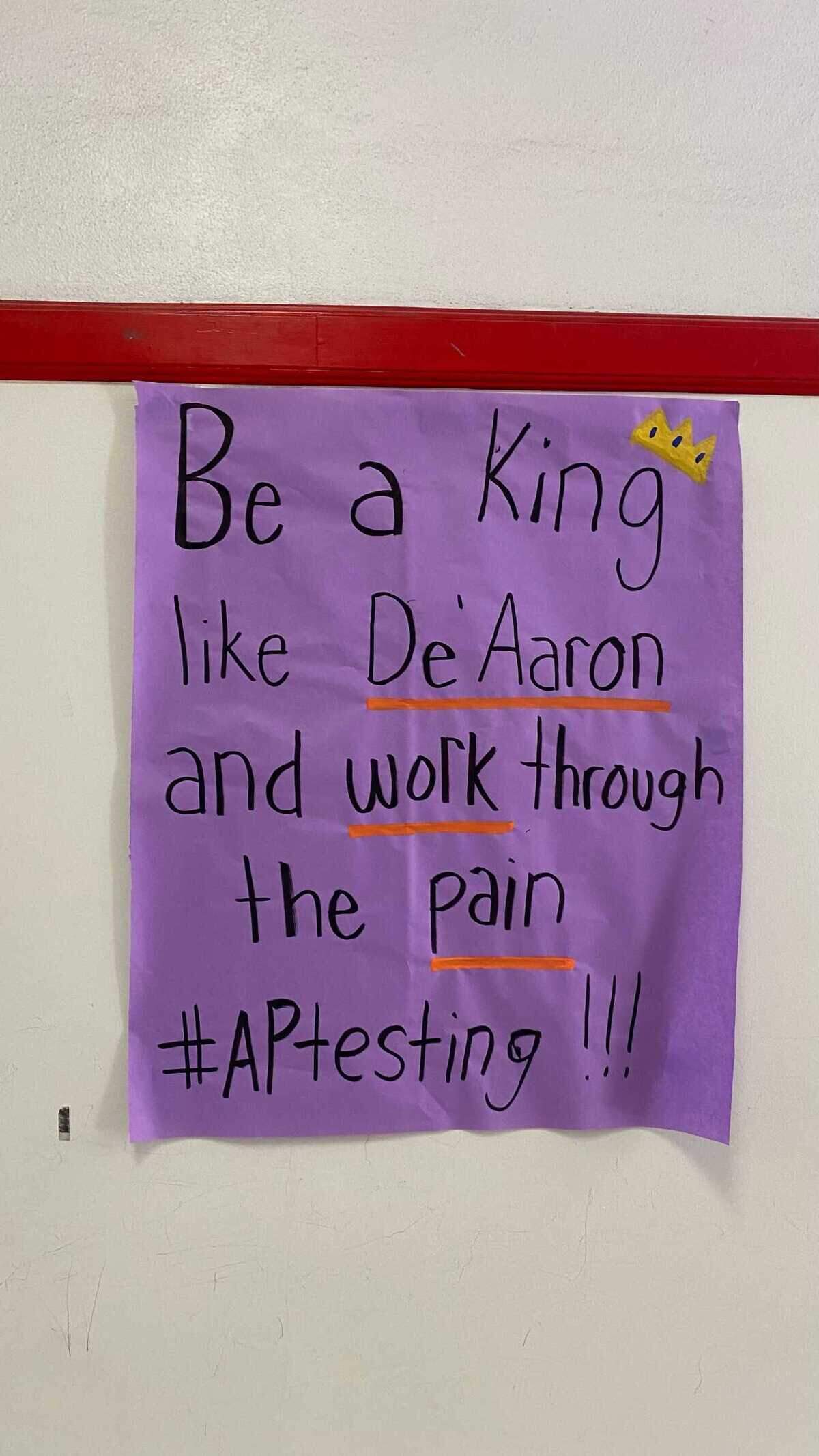 At C.K. McClatchy High School on April 26, 2023, a handwritten sign in hallway draws inspiration from the Sacramento Kings and De’Aaron Fox battling through an injury in the playoff series with Golden State Warriors