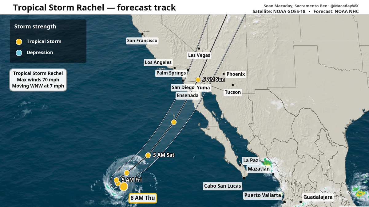 Tropical Storm Rachel is expected to make landfall near the San Diego-Tijuana area late Saturday evening.
