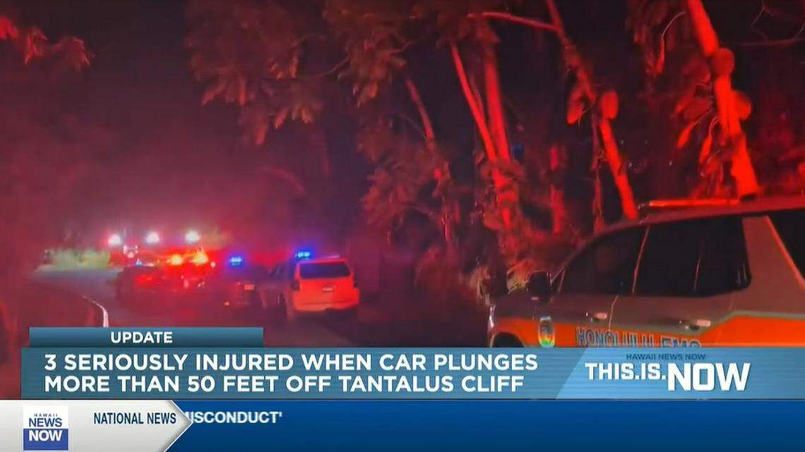 A 20-year-old man and two teenage girls were seriously hurt after a car plunged more than 50 feet off a cliff in Oahu, Hawaii officials said.