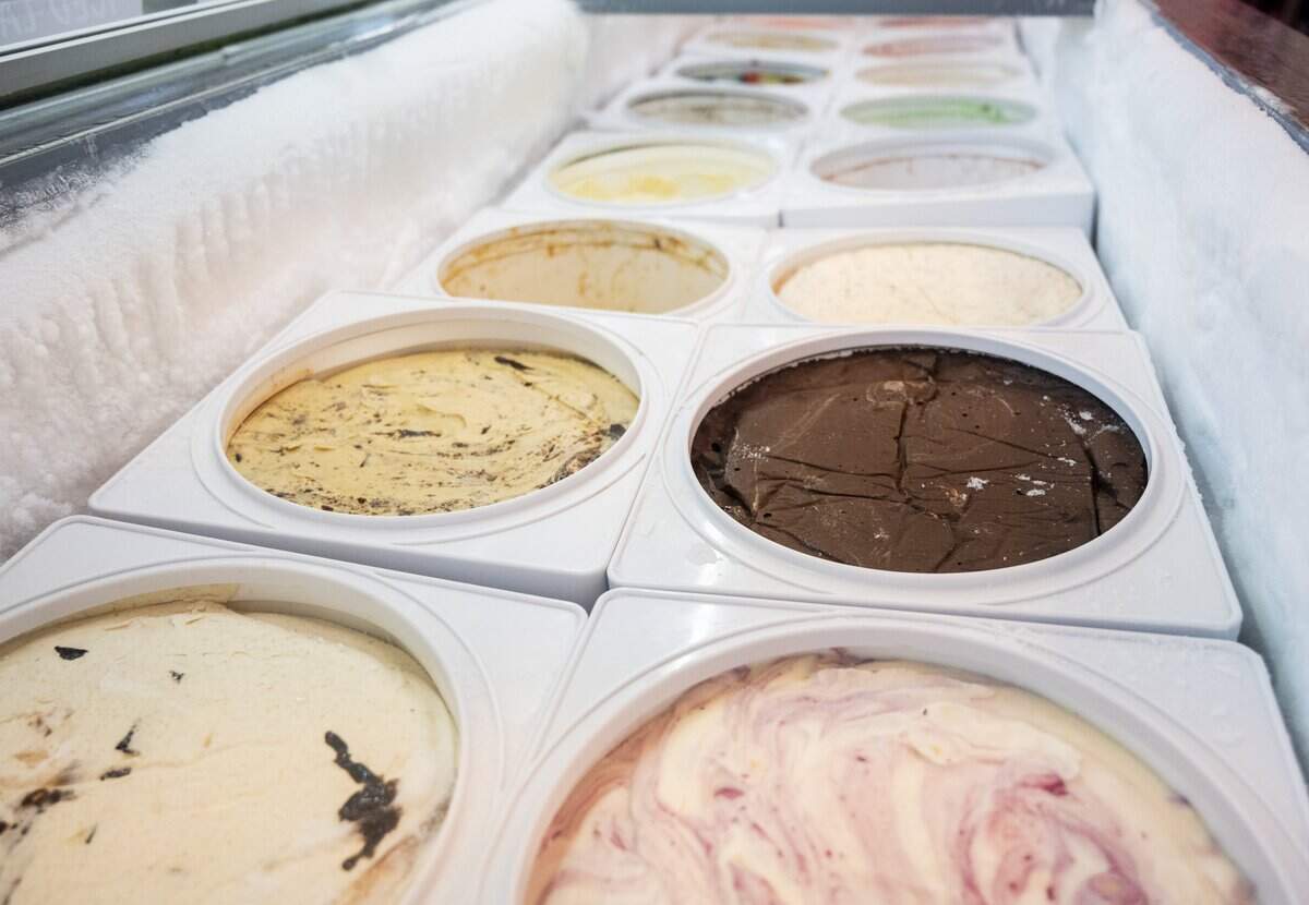 Tubs of ice cream on display at Licked, a ice cream shop located in Sacramento’s Oak Park neighborhood, on Thursday, June 11, 2026. Licked serves 16 rotating flavors including Kitty Kitty Bang Bang and Coconut Almond Bliss.