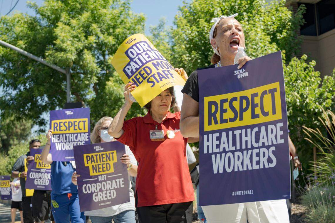 Kaiser Permanente healthcare workers picket over staffing shortages on Tuesday, July 25, 2023, at the company’s Sacramento Medical Center on Morse Avenue in Arden Arcade, one of several rallies planned for Northern California facilities this week.