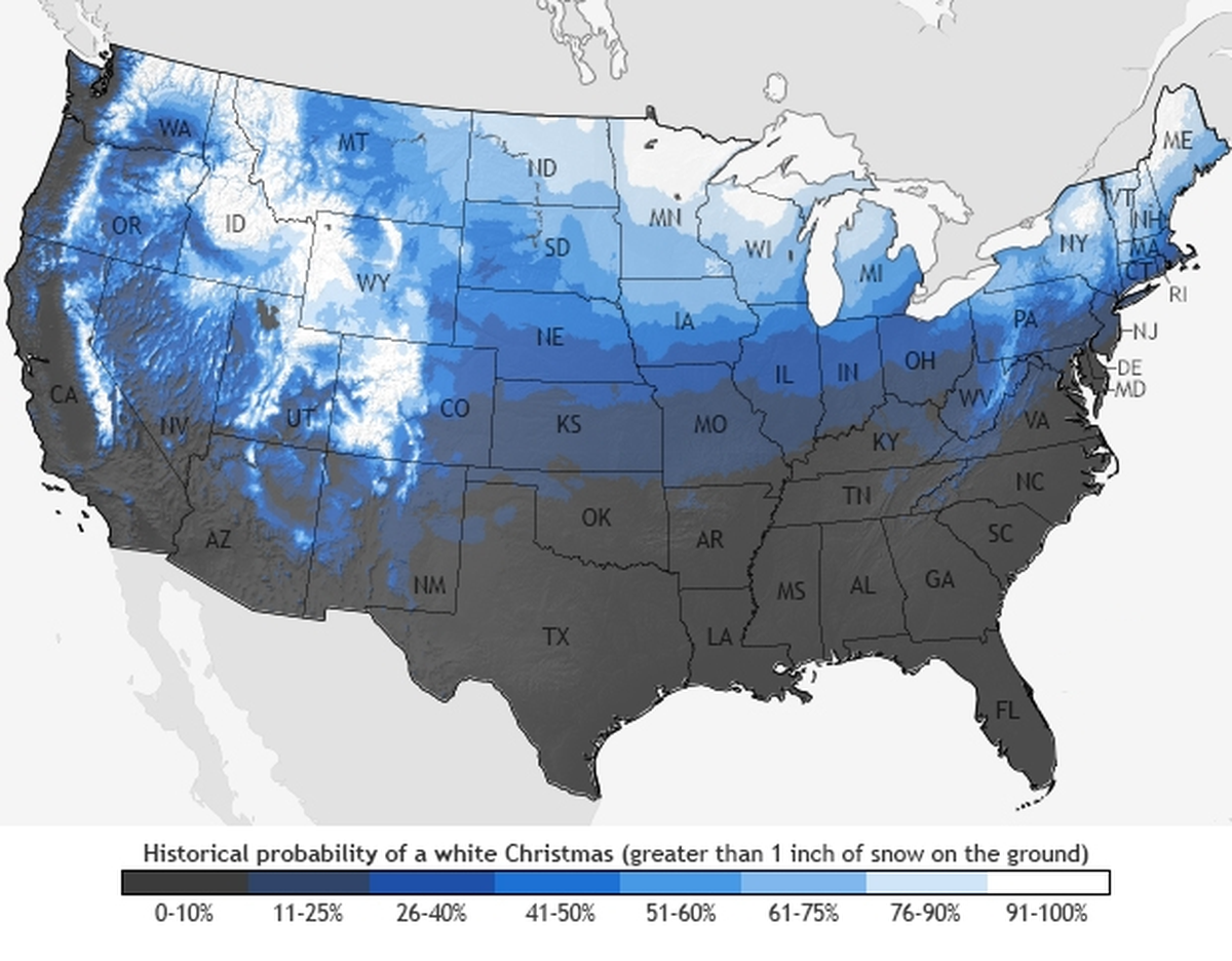 The U.S. map shows the probability of at least 1 inch of snow on the ground on the morning of Christmas Day — or a white Christmas — based on nationwide climate normals between 1981 and 2010.