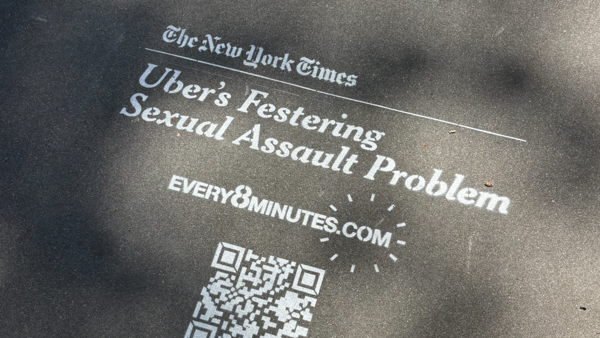 The Alliance Against Corporate Abuse painted sidewalks near the California Capitol directing passersby to their ballot campaign. The Corporate Attorneys had zeroed in on two recent major court decisions and a New York Times investigation finding that Uber received a sexual assault complaint about a driver every eight minutes between 2017 and 2022, to bolster their case.