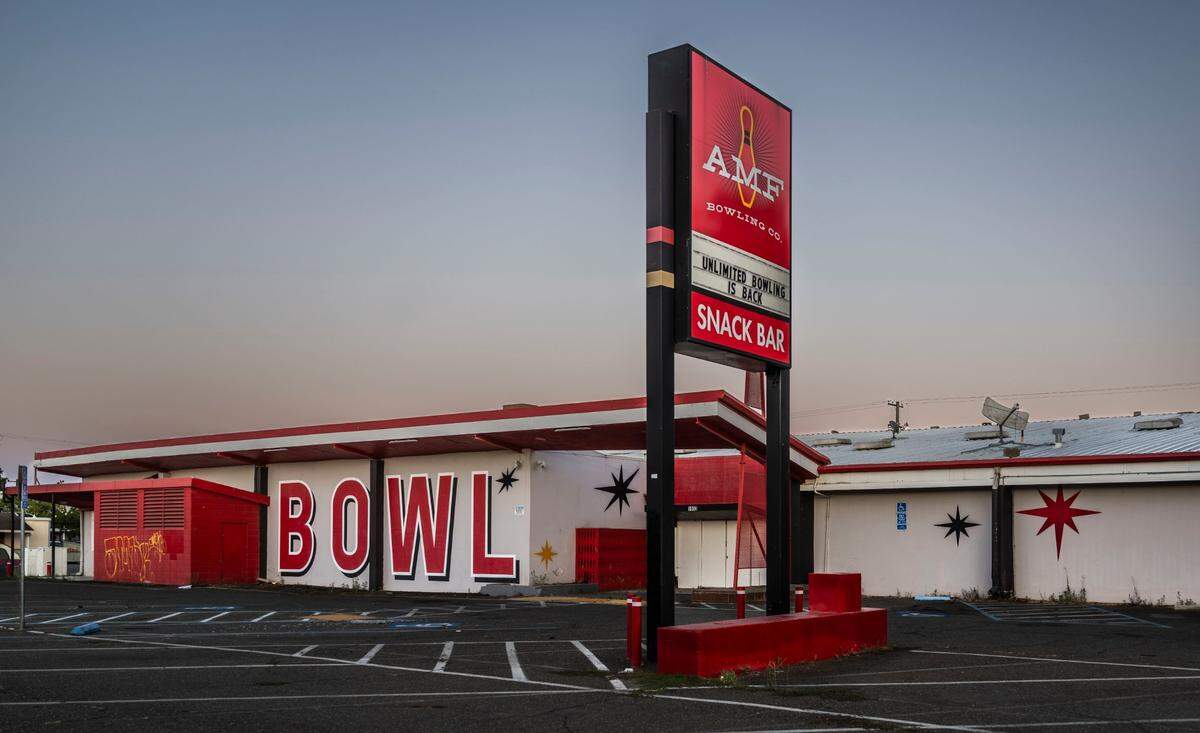 AMF Land Park Lanes remains closed on Freeport Boulevard in Sacramento on July 16, 2025. The City Council designated the mid-century bowling alley a historic landmark the following week.