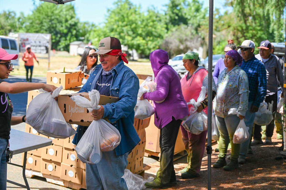 Residents line up to receive food from the Yolo Food Bank. Food banks across the capital region say they welcome the support of National Guard personnel ordered by Gov. Gavin Newsom but remain concerned about meeting rising demand if the federal shutdown disrupts CalFresh benefits in November.