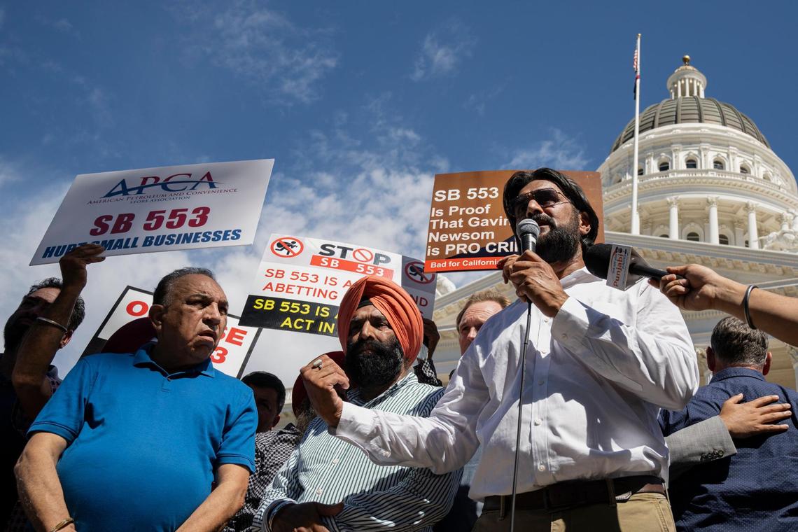 Rally organizer Jaskaran Sahota speaks in opposition to Senate Bill 553 at the state Capitol in Sacramento on Wednesday, Aug. 16, 2023.