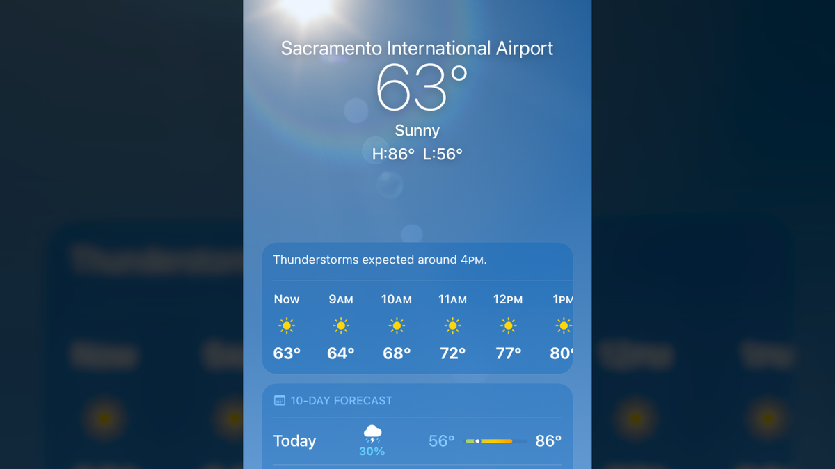 Thunderstorms are in the forecast for portions of Northern California on June 13, 2023. According to the IPhone’s weather app at around 8:30 a.m., wet weather may reach Sacramento International Airport.