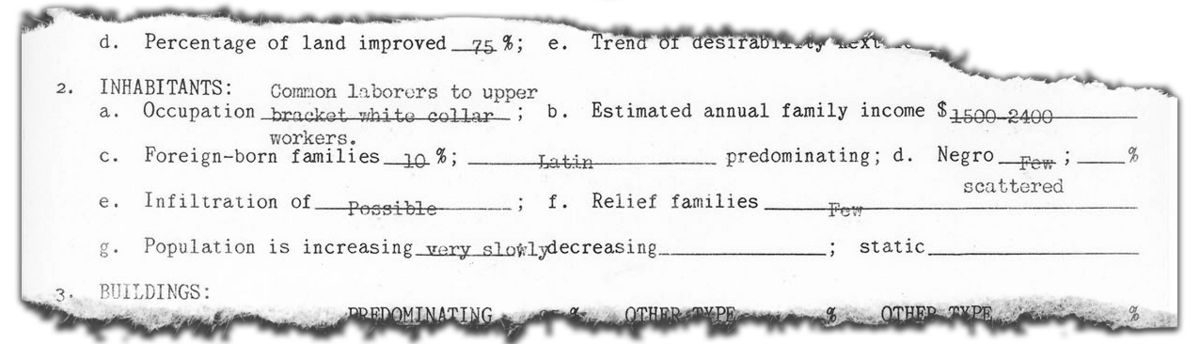 A portion of a 1937 area description for Oak Park shows a racial and economic analysis of the region.