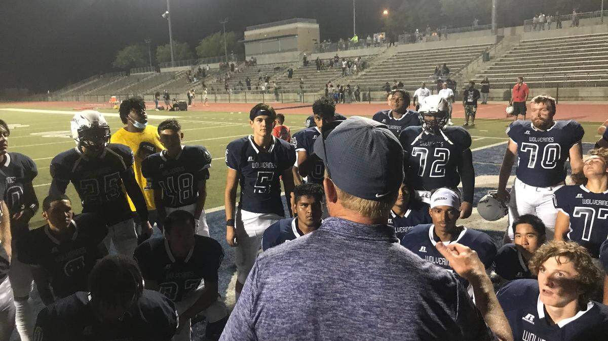 Rosemont coach Rick Wanlin talks to his team after a 13-0 win over McClatchy in August, 2021.