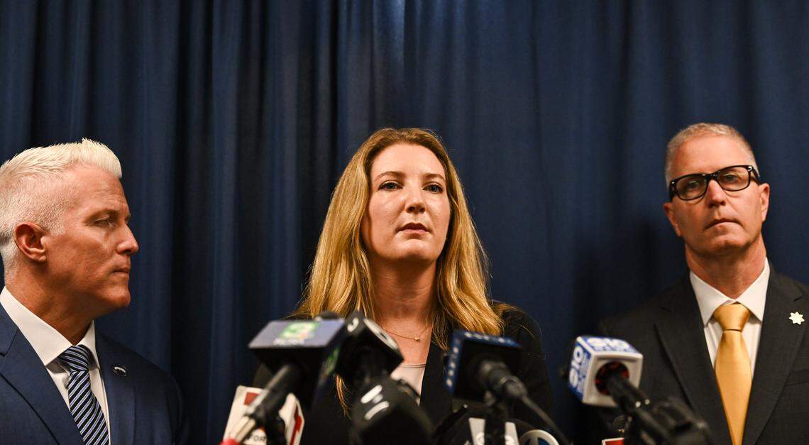 Yolo County Deputy District Attorney Clara Nabity speaks during a news conference on Friday, April 10, 2026, in Woodland about the indictments related to the fatal Esparto fireworks explosion last year.