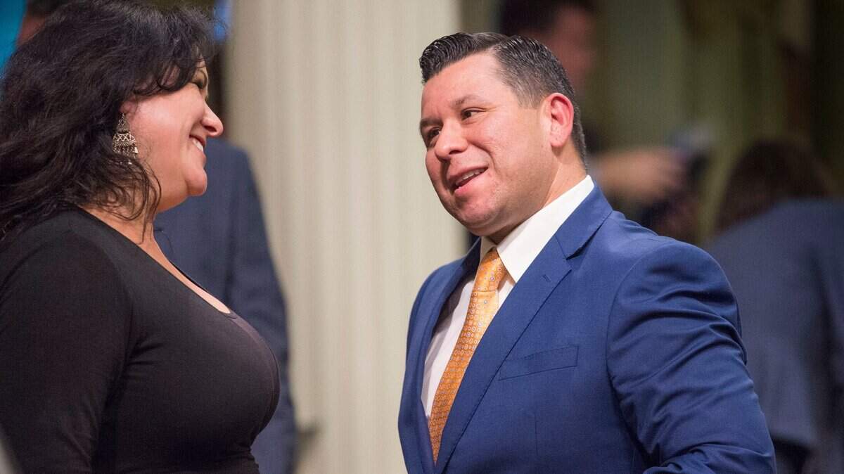 California Latino Legislative Caucus Chairwoman Lorena Gonzalez-Fletcher, D-San Diego, congratulates Assemblyman Eduardo Garcia, D-Coachella, after the passage of key climate change legislation on Monday, July 17, 2017.