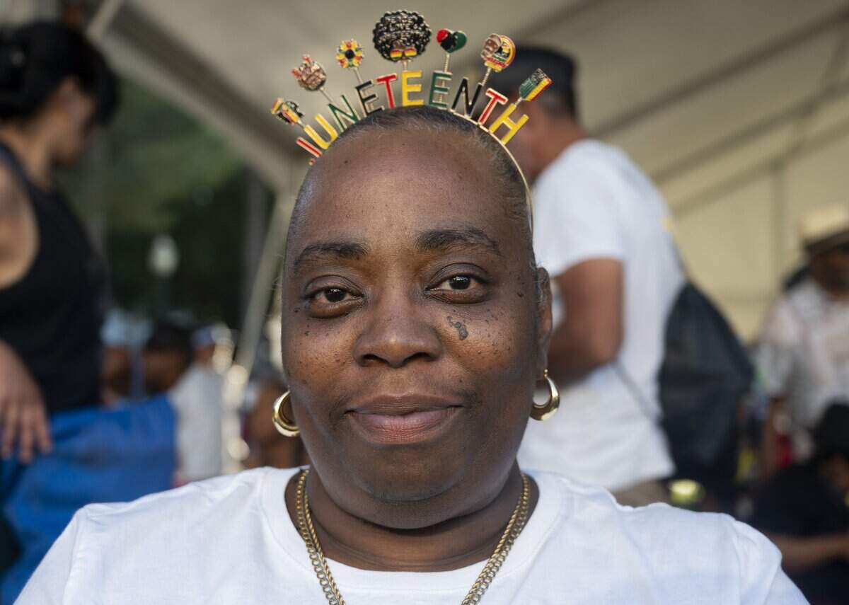 April Green wears a Juneteenth headband during a celebration for the holiday hosted by the California Legislative Black Caucus at the California Capitol on Wednesday, June 17, 2026.