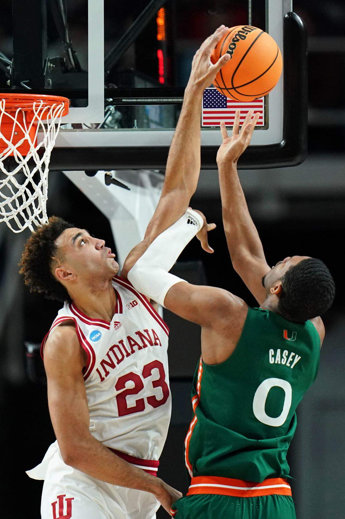 Indiana Hoosiers forward Trayce Jackson-Davis (23) blocks the shot of Miami (Fl) Hurricanes forward A.J. Casey (0) during the first half March 19, 2023, at MVP Arena in Albany, New York.