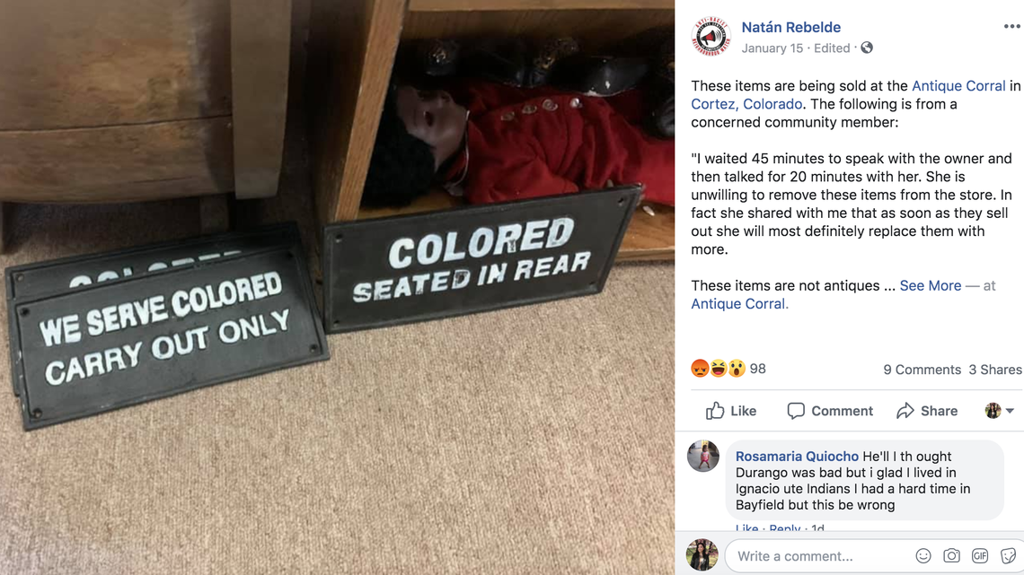 Antique Corral, a Cortez, CO shop, has been accused of selling racist replica signs and figurines. A visitor took photos of signs that read “Public Swimming Pool White Only” and “Colored Seated in Rear.” 