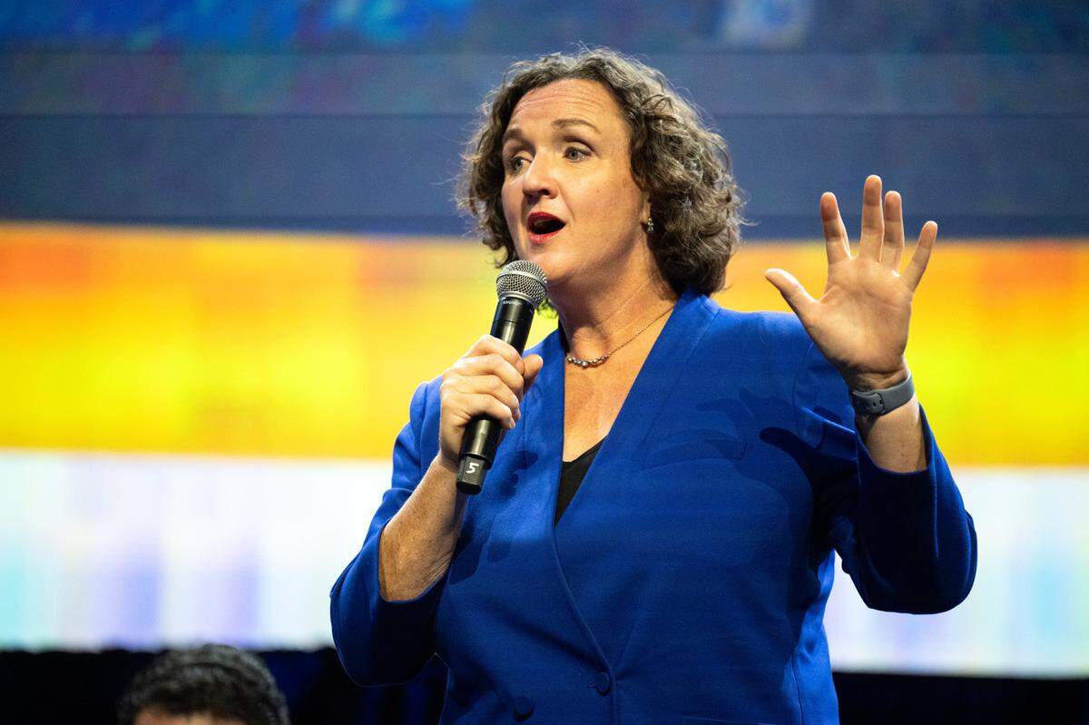 Former U.S. Rep. Katie Porter, a Democratic candidate for governor, speaks during a California Chamber of Commerce gubernatorial panel discussion at the SAFE Credit Union Convention Center in Sacramento on Wednesday.