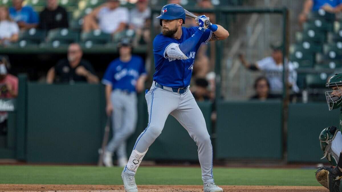 Toronto Blue Jays outfielder Nathan Lukes (38) prepares to bat Friday in the first inning against the Athletics at Sutter Health Park in West Sacramento on Friday. Lukes starred at Center High School in Antelope, and played three seasons at Sacramento State.