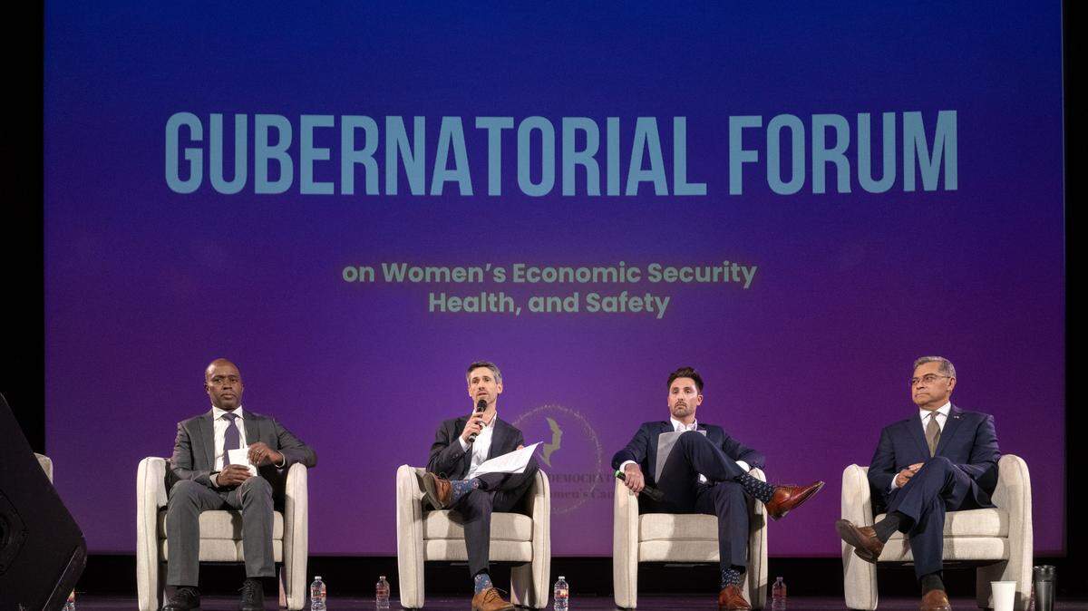 Matt Mahan, Mayor of San José, flanked by Ian Calderon, right, former Majority Leader of the California State Assembly, Xavier Becerra, former US Secretary of Health and Human Services, and Tony Thurmond, left, California Superintendent of Public Instruction, answers questions during the Gubernatorial Forum on Wednesday, Feb. 18, 2026, at the Crest Theater in Sacramento.