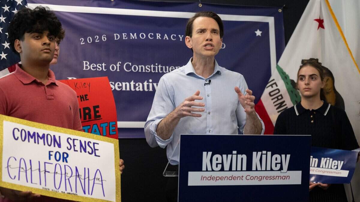 U.S. Rep. Kevin Kiley, who is running as an independent for the 6th Congressional District, announces during a news conference in Roseville on Monday, June 22, 2026, that he is challenging Democratic congressional candidate Richard Pan to five debates.