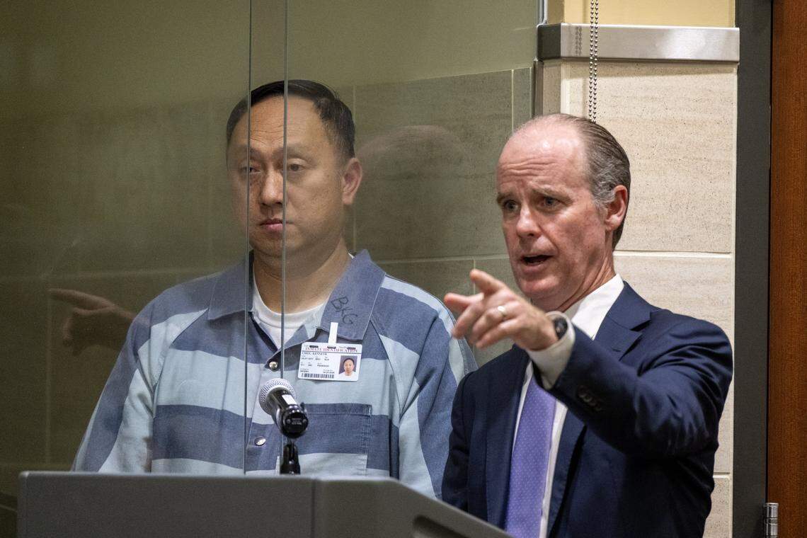 Devastating Pyrotechnics founder and CEO Kenneth Chee, left, represented by attorney Sam O’Keefe, right, did not enter a plea and was denied bail during his arraignment in Yolo Superior Court in Woodland on Thursday for his role in the Esparto fireworks explosion.