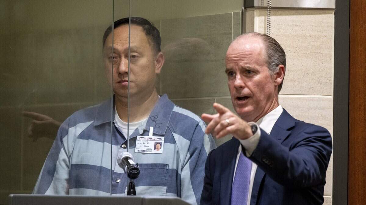 Devastating Pyrotechnics founder and CEO Kenneth Chee, left, represented by attorney Sam O’Keefe, right, during his arraignment in Yolo Superior Court on Thursday, April 23, 2026. Public statements from another member of Chee’s defense team led to the gag order issued last week.