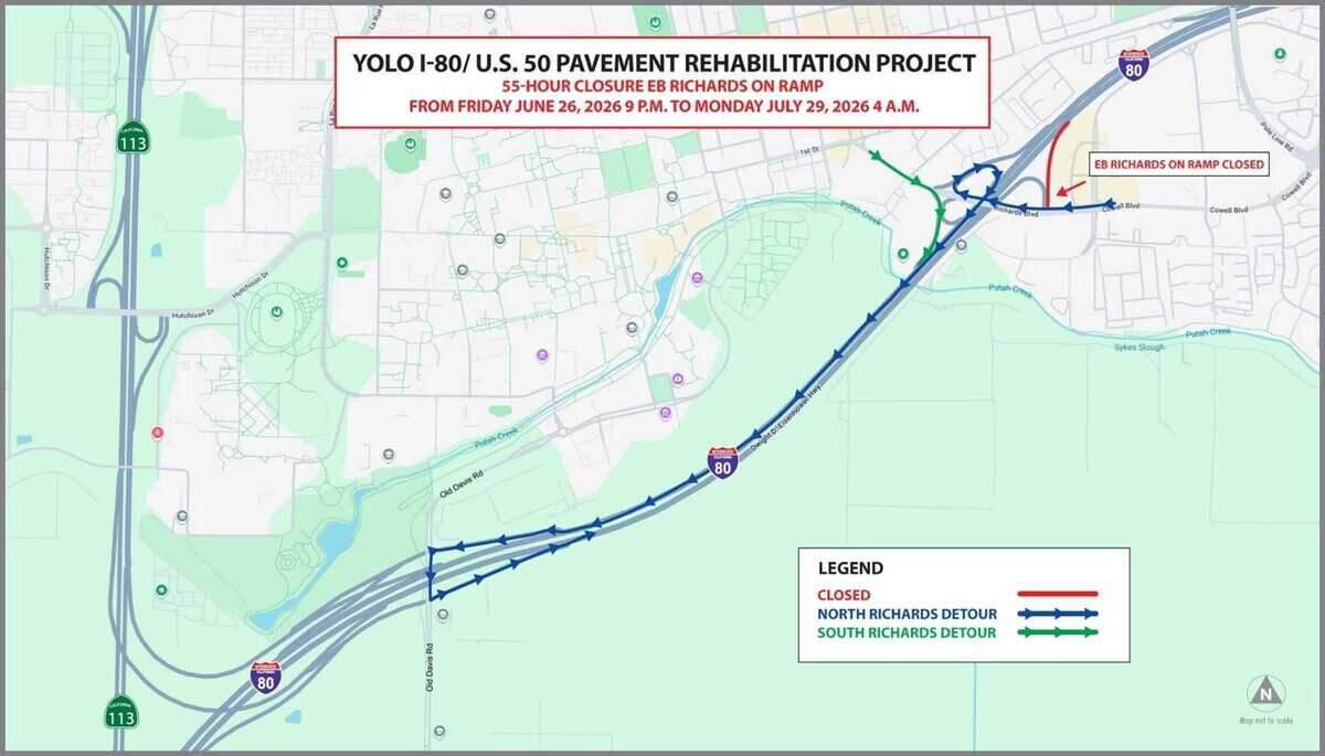 This map provided by Caltrans District 3 shows the detour route that will be in place during the closure of the Richards Boulevard on-ramp to eastbound Interstate 80 from June 26 to 29. Motorists will be directed to westbound I-80 and Old Davis Road to access eastbound I-80 while crews rebuild the on-ramp as part of the Yolo 80 Managed Lanes Project.