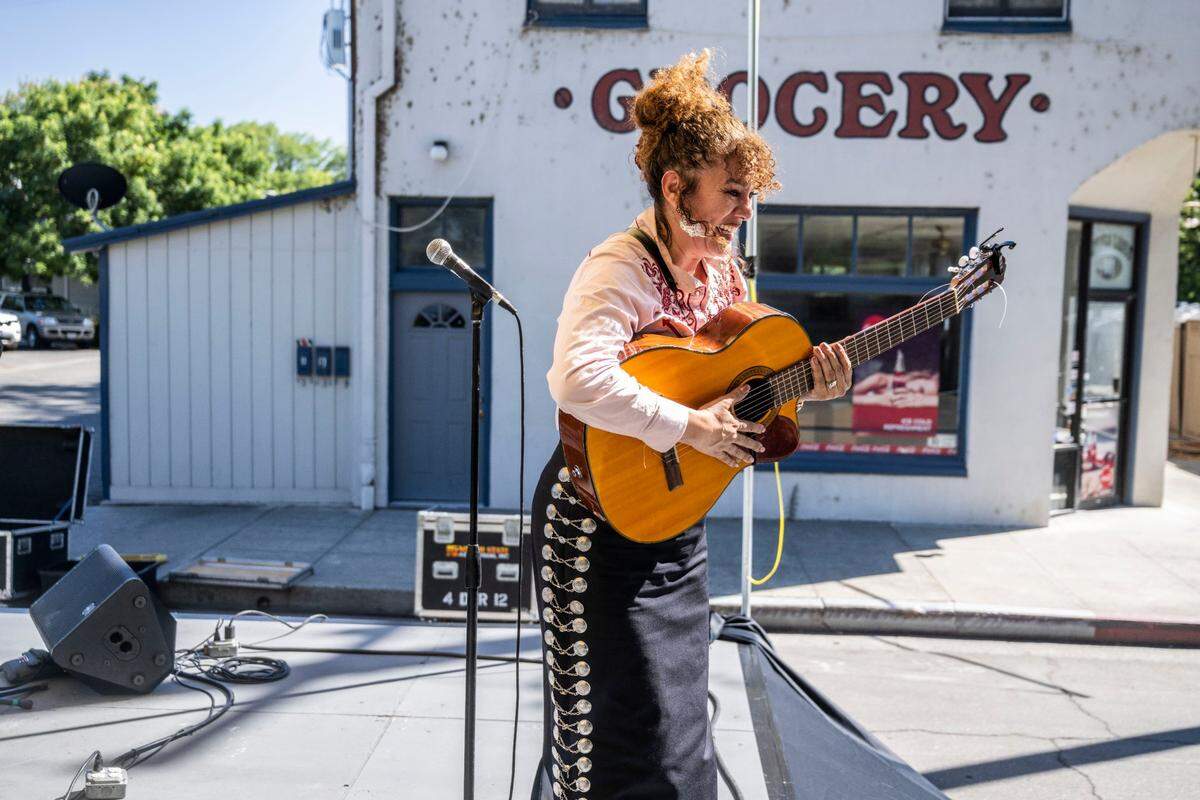 Dinorah Klingler, founder of Mariachi Bonitas de Dinorah Klingler, performs at the Taco Festival in Colusa on Aug. 6. Klingler started the Mariachi Festival in 2014 as a way to keep the musical traditions of her native Mexico alive in her new home of Sacramento.
