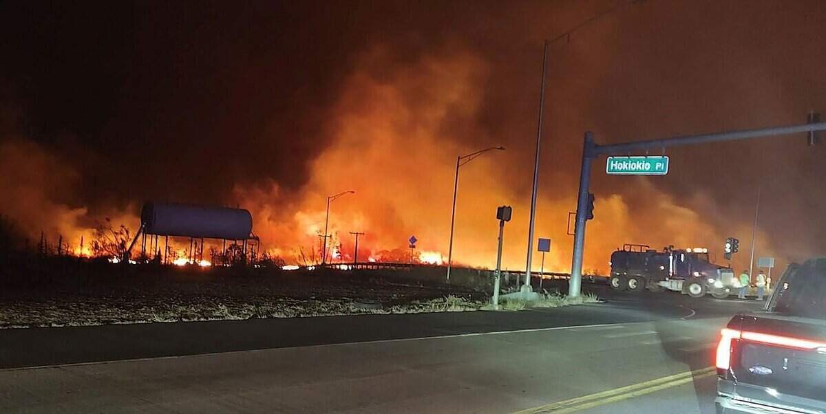 A wildfire burns out of control in Lahaina on Maui on Wednesday, Aug. 9, 2023.