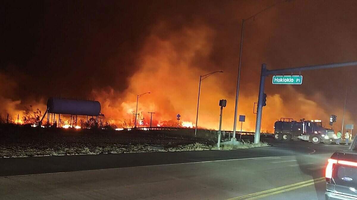 A wildfire burns out of control in Lahaina on Maui on Wednesday.