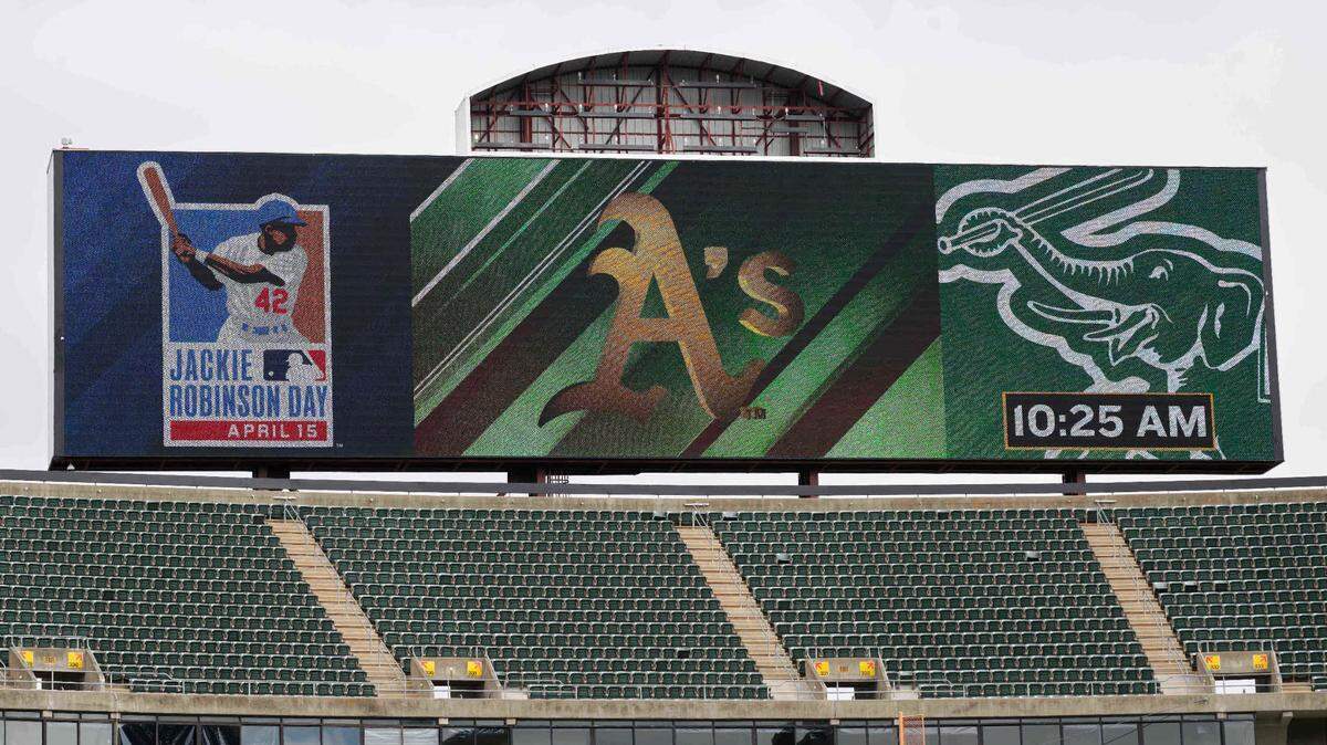 A general view of the scoreboard at RingCentral Coliseum before a game between the New York Mets and the Oakland Athletics on Jackie Robinson Day on April 15, 2023, in Oakland, California.