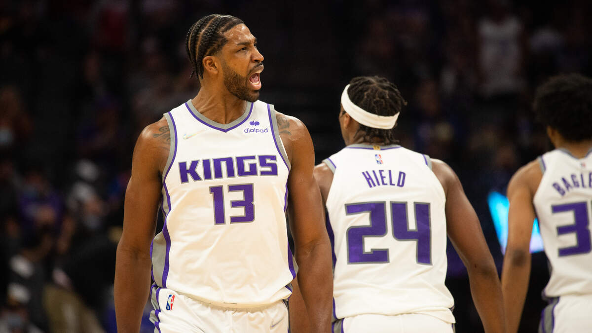 Sacramento Kings center Tristan Thompson (13) reacts after scoring during a game at the Golden 1 Center on Monday, November 22, 2021, in Sacramento.