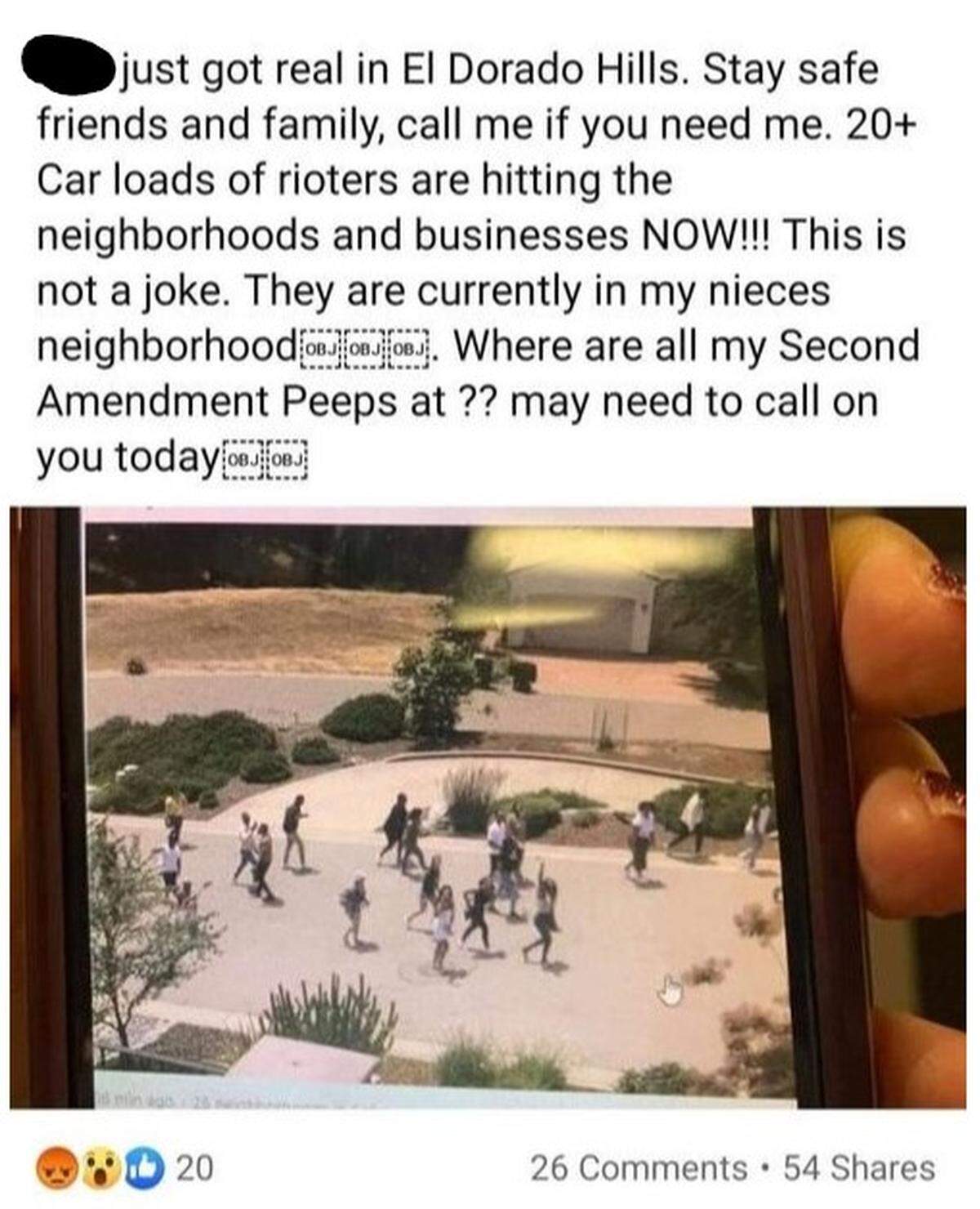 This screenshot from Facebook shows a post warning of “rioters” in El Dorado Hills. In reality, the image was of an ambitious entrepreneurial group touring homes.