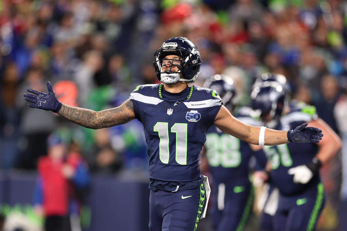 SEATTLE, WASHINGTON - JANUARY 17: Jaxon Smith-Njigba #11 of the Seattle Seahawks celebrates a touchdown during the first quarter against the San Francisco 49ers in the NFC Divisional Playoff game at Lumen Field on January 17, 2026 in Seattle, Washington. (Photo by Sean M. Haffey/Getty Images)