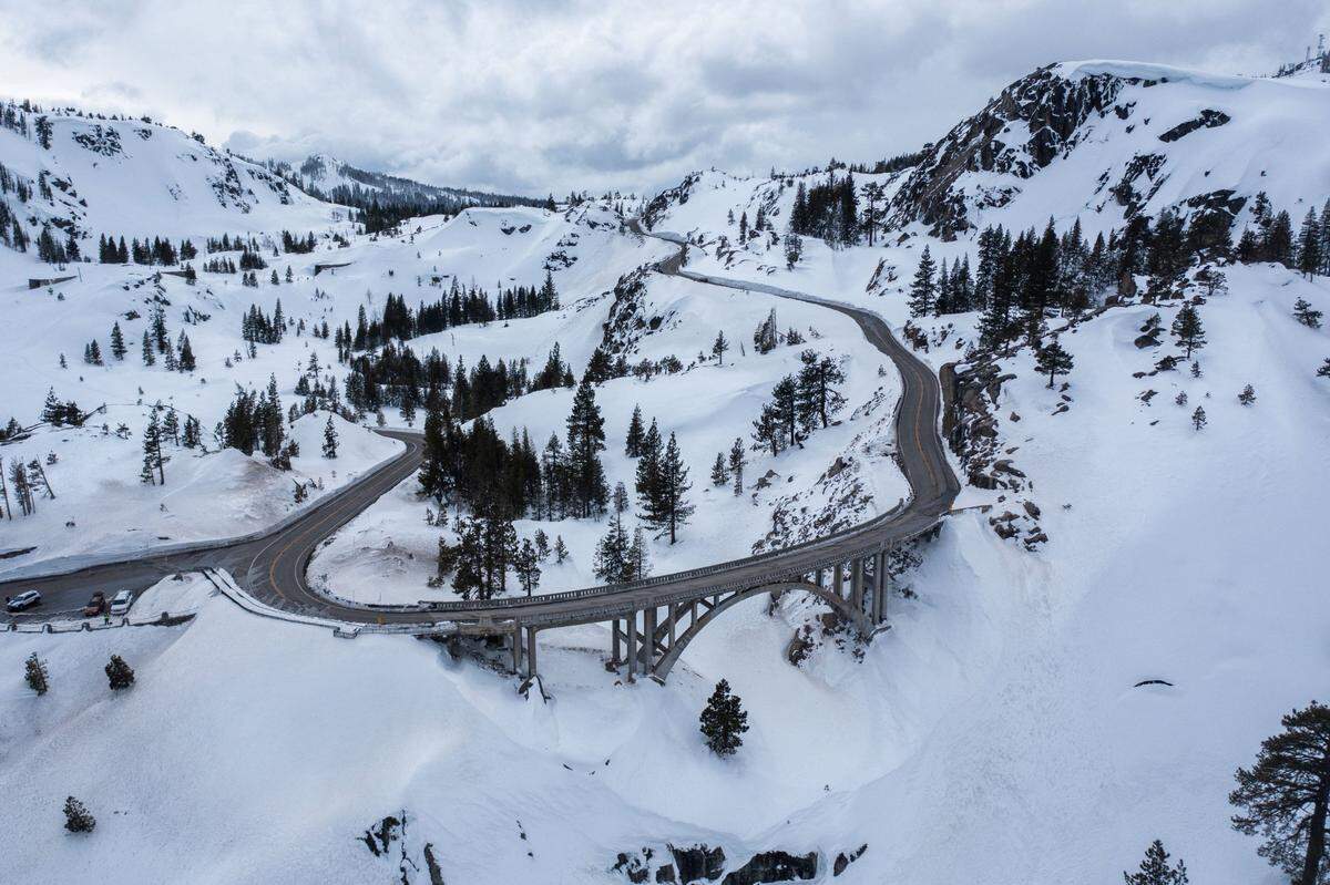 An aerial view of the Donner Summit Bridge on Old Highway 40 earlier this month shows all the snowfall from this recent storms.