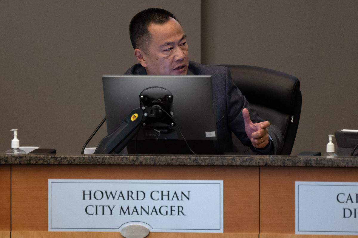 Sacramento city manager Howard Chan gestures while speaking at a Sacramento City Council meeting on homeless Tuesday, June 27, 2023.