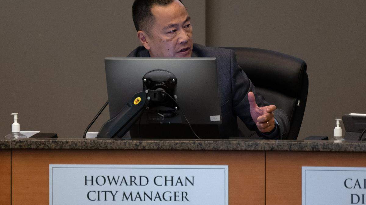 Sacramento city manager Howard Chan gestures while speaking at a Sacramento City Council meeting on homeless Tuesday, June 27, 2023.