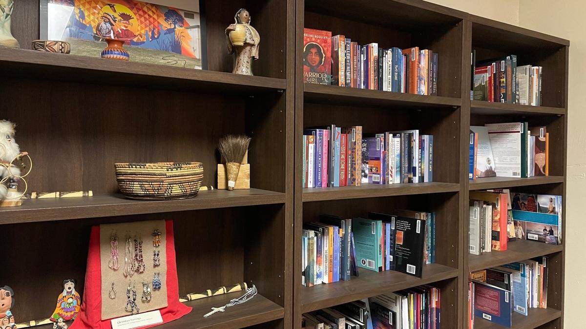 A bookshelf in the Native American library at Douglass Middle School in Woodland on Nov. 20, 2024. This library holds almost 500 books written by and about Indigenous people. 