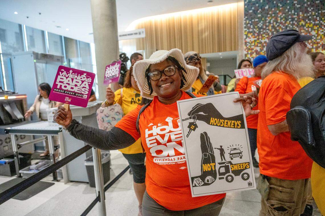 Jesus Figueroa Cacho rallies in the Capitol Swing Space lobby after marching from the state Capitol on Thursday. The protesters tried to deliver a letter to Gov. Gavin Newsom asking for him to stop homeless encampment sweeps and deliver on his promise of creating 1 million new affordable homes by 2030. She was one of six people arrested in the lobby that night.
