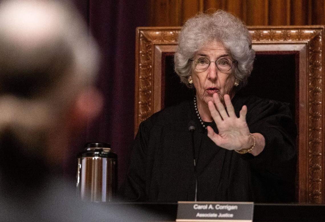 California Supreme Court Associate Justice Carol Corrigan questions attorney Michael Clough, who was representing convicted arsonist in a death penalty case involving the death of five firefighters, during oral argument on Wednesday at the Stanley Mosk Library and Courts Building in downtown Sacramento.