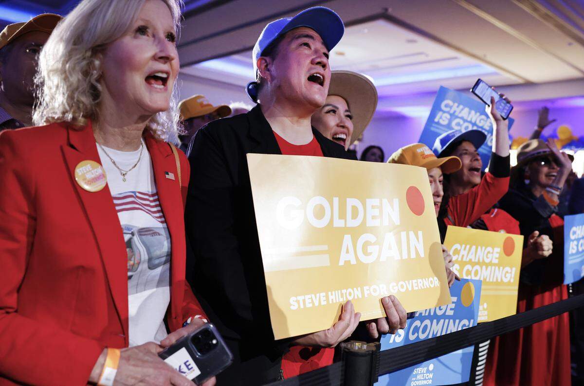 Supporters of California Republican gubernatorial candidate Steve Hilton cheer at his primary night event on Tuesday in Huntington Beach.