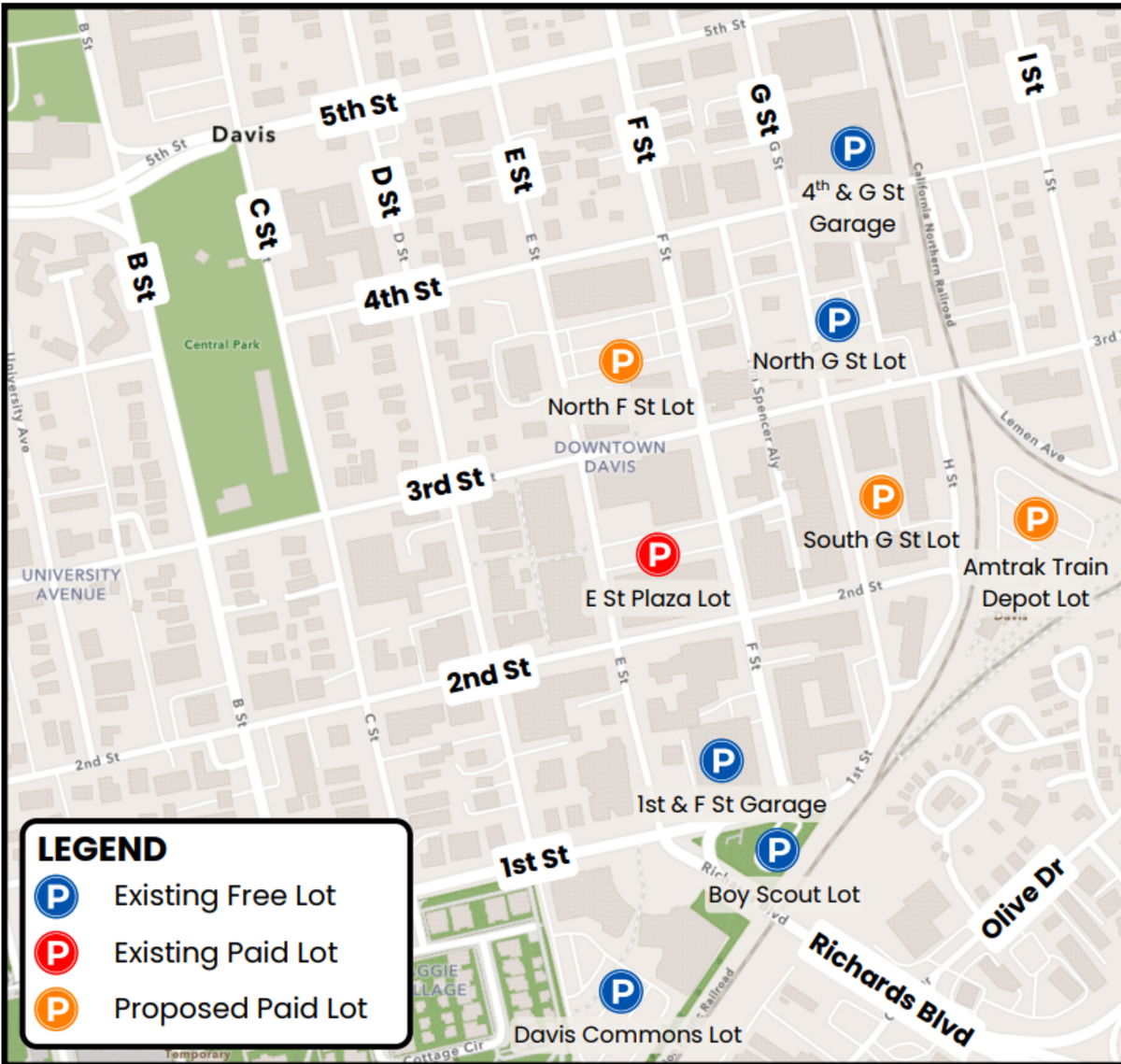 A map identifies downtown Davis parking lots that would transition from free to paid parking under a city proposal. The Davis City Council voted Tuesday to move forward with converting three free downtown parking lots to paid parking as part of an effort to increase city revenue.