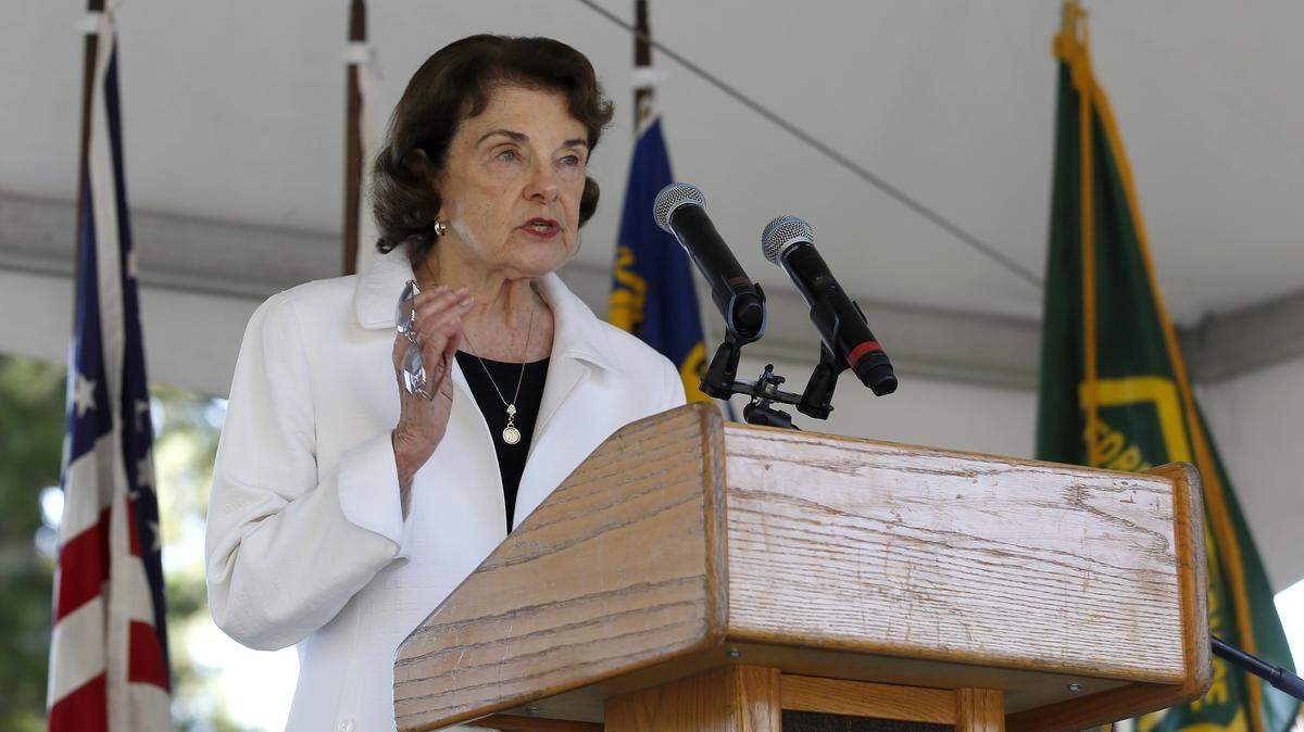 United States Sen. Dianne Feinstein, D-Calif., makes the opening remarks at the 23rd Annual Lake Tahoe Summit, Tuesday, at South Lake Tahoe, Calif., Tuesday, Aug. 20, 2019. The summit is a gathering of federal, state and local leaders to discuss the restoration and the sustainability of Lake Tahoe. (AP Photo/Rich Pedroncelli)