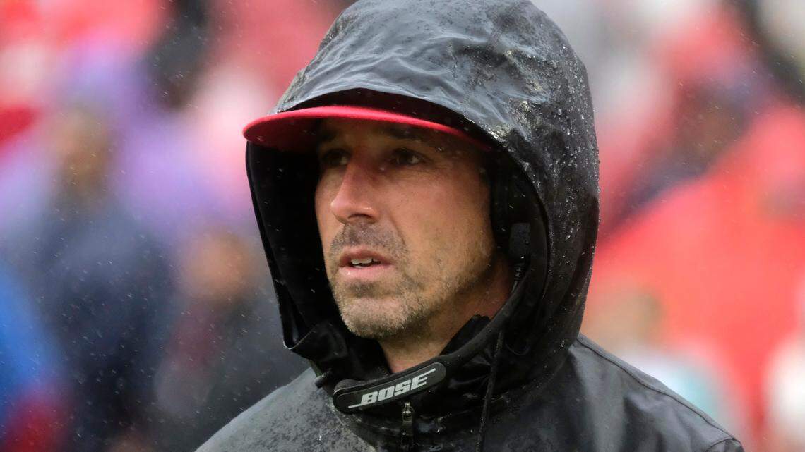 San Francisco 49ers head coach Kyle Shanahan watches the second half of an NFL football game against the Washington Redskins, Sunday, Oct. 20, 2019, in Landover, Md. (AP Photo/Mark Tenally)