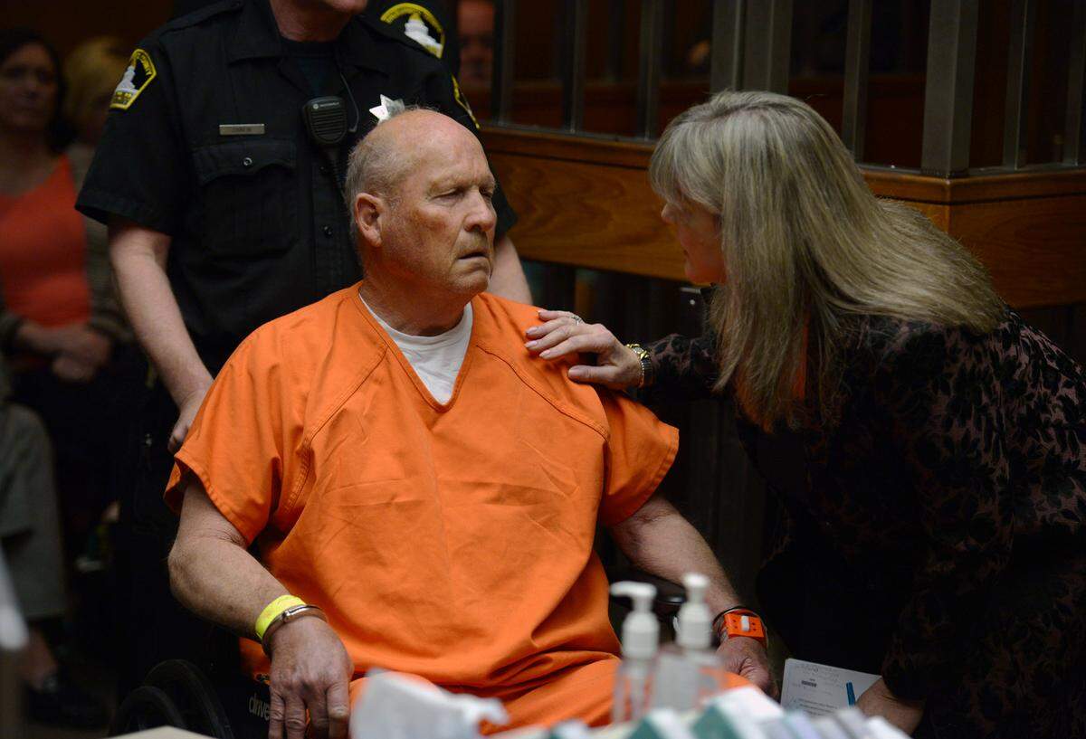 Joseph James DeAngelo, 72, appears with Public Defender Diane Howard as he is arraigned in Sacramento Superior Court on April 27, 2018, for crimes committed by the East Area Rapist/Golden State Killer.