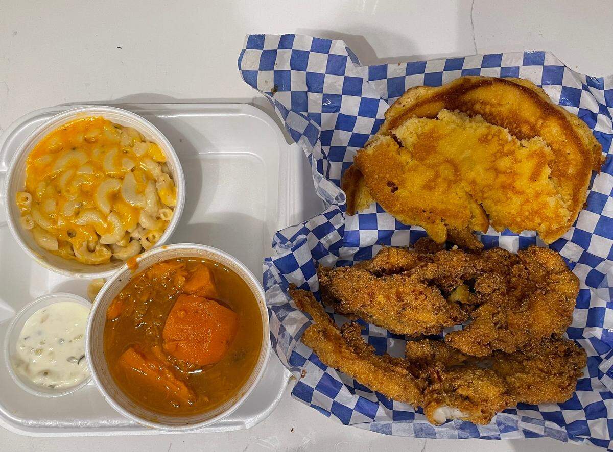 Service Journalism reporter Brianna Taylor visits Tori’s Place 1525 Grand Ave., Sacramento on Sunday, Jan. 22, 2023. She ordered cornmeal battered red snapper combo with a side of macaroni and cheese and hot water cornbread for $16.99, plus an extra side of yams for a total of $22.72.