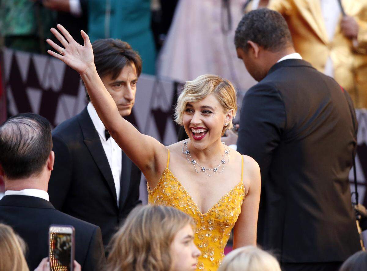 Greta Gerwig arrives at the Academy Awards on Sunday at Dolby Theatre in Los Angeles. The Sacramento native's "Lady Bird" is up for five awards Sunday.